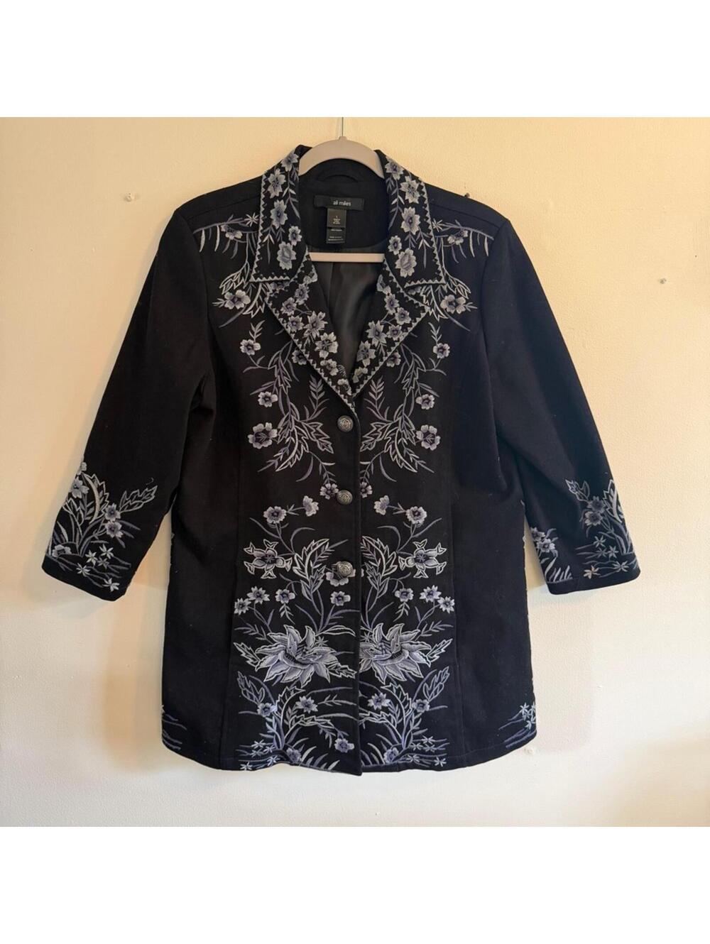 Ali Miles Black Jacket with White Floral Embroidery